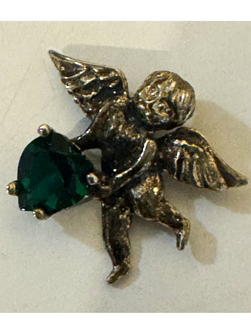 925 Sterling Silver Cherub Angel Pendant Green Heart Stone Vintage Style